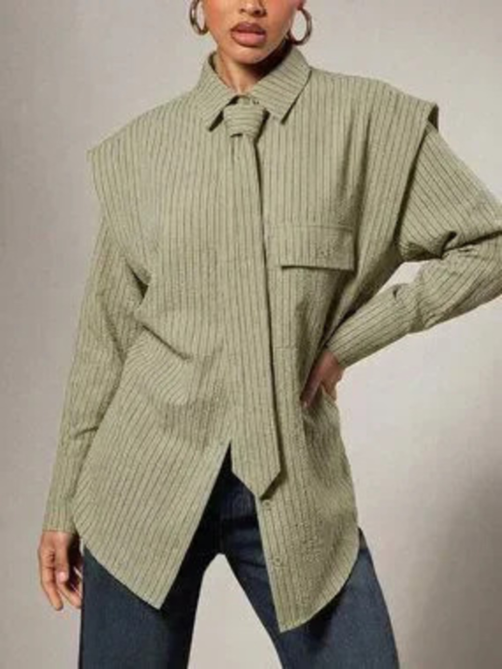 ZARA Multicolor Casual Women's Tie Front Exaggerated Shoulder Striped Shirt